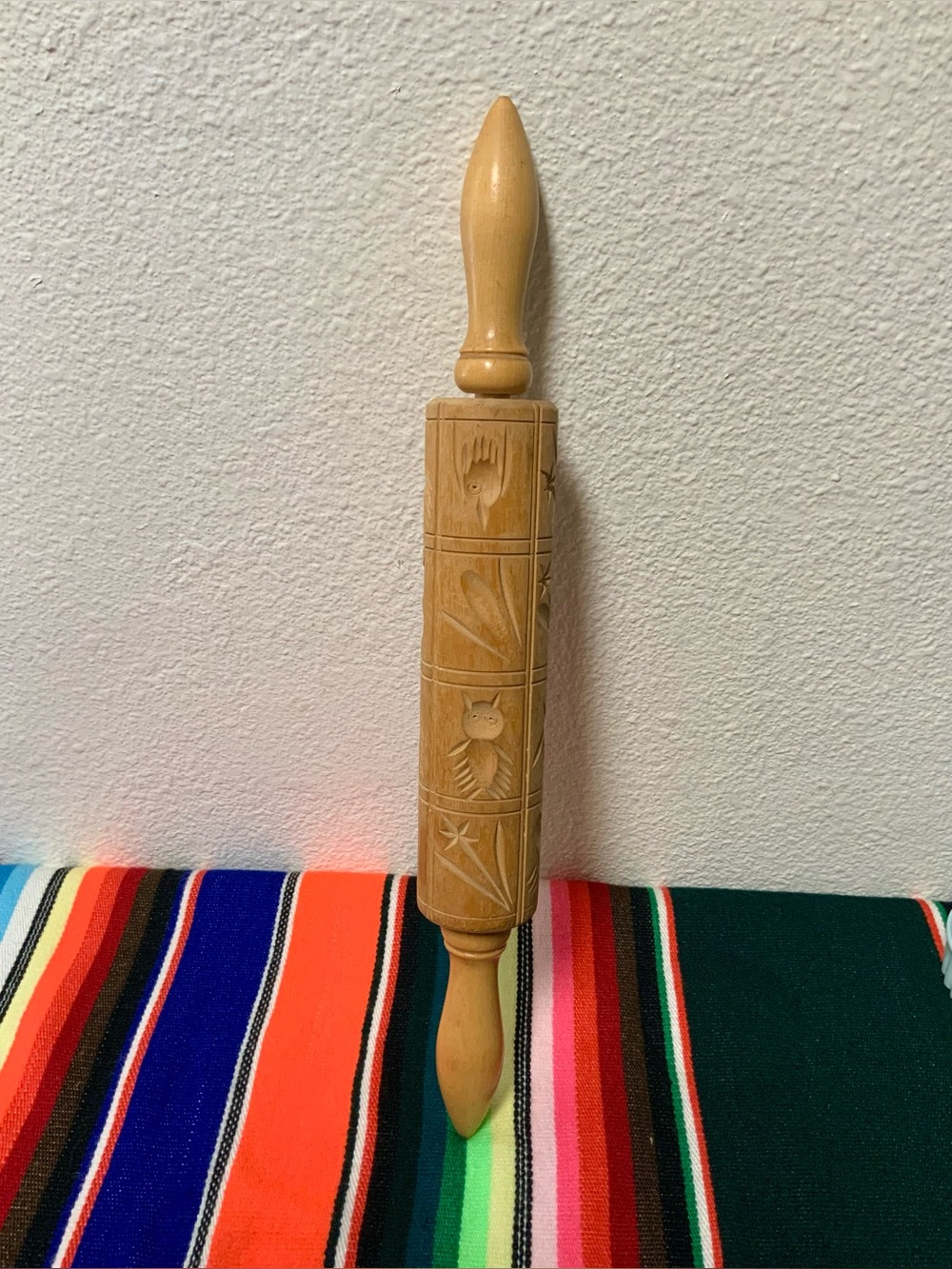 Vintage Springerle Carved Wood Rolling Pin German Cookie Mold 16” Handled Tool